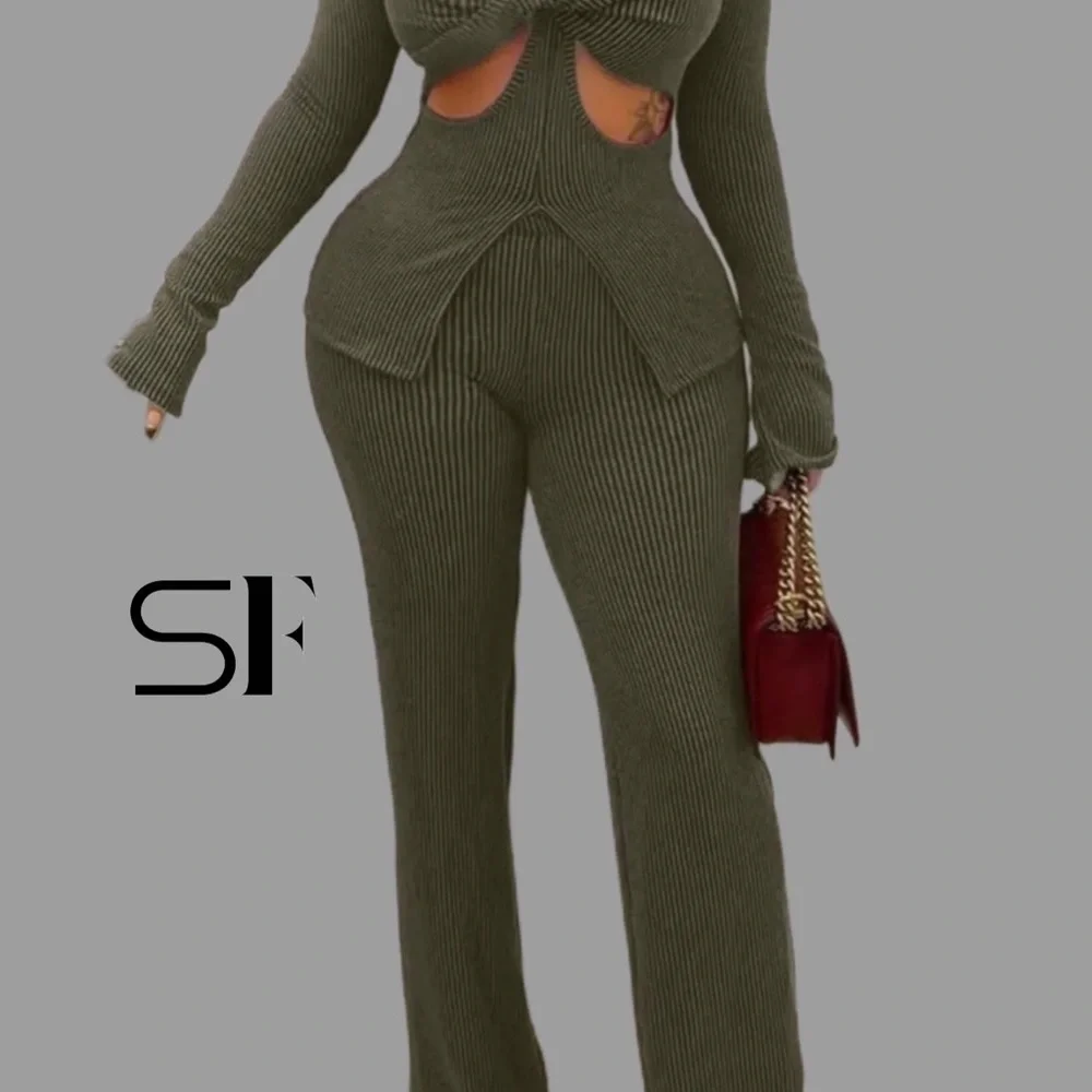 Olive Ribbed Knit Jumpsuit - Picture 1 of 2